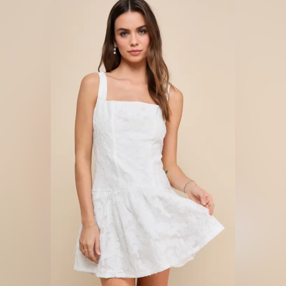 NWT Lulus White Jacquard Drop Waist Mini Dress XS